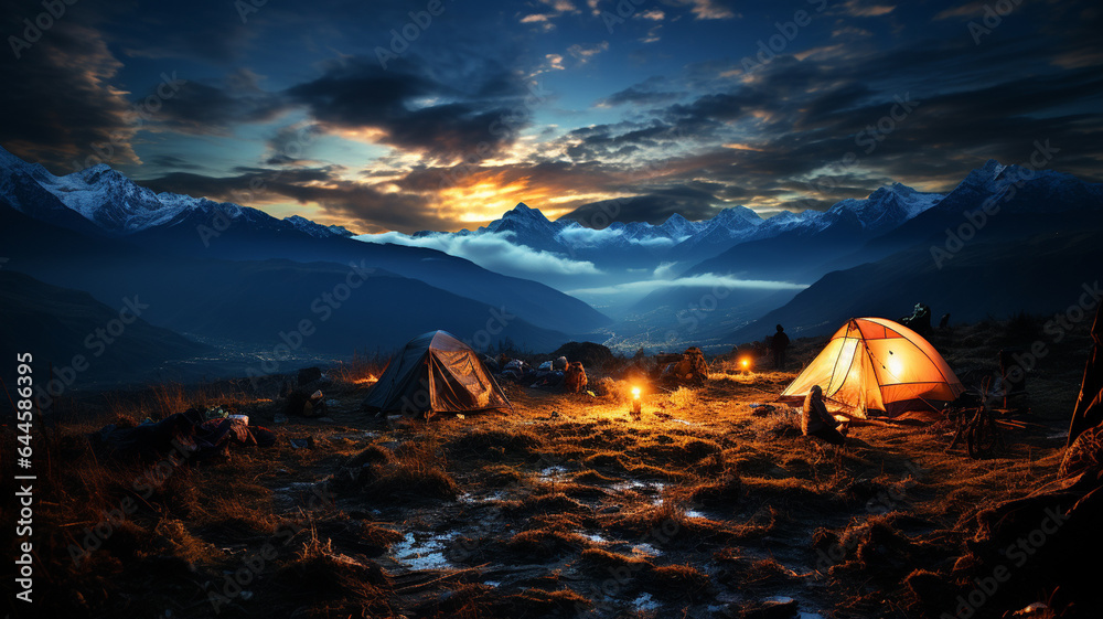 tent in the mountains with night sky and milky way.