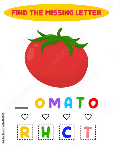 Find the missing letter. Tomato. educational sheet for children