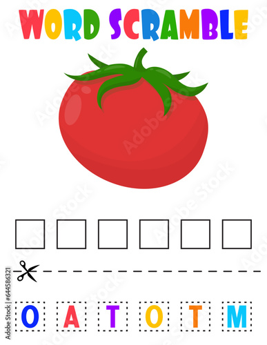word scramble. Tomato. Educational game for preschoolers