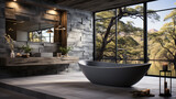 modern interior design, bathroom with wooden bathtub and wooden window.