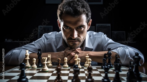 Confident focused male playing chess. Generative AI