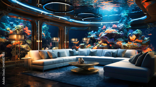 Lounge area surrounded by panoramic aquarium walls,
