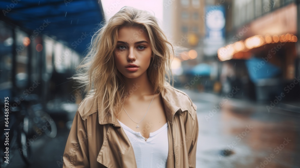 A Beautiful Blonde Model Poses Outdoors In An Urban Environment