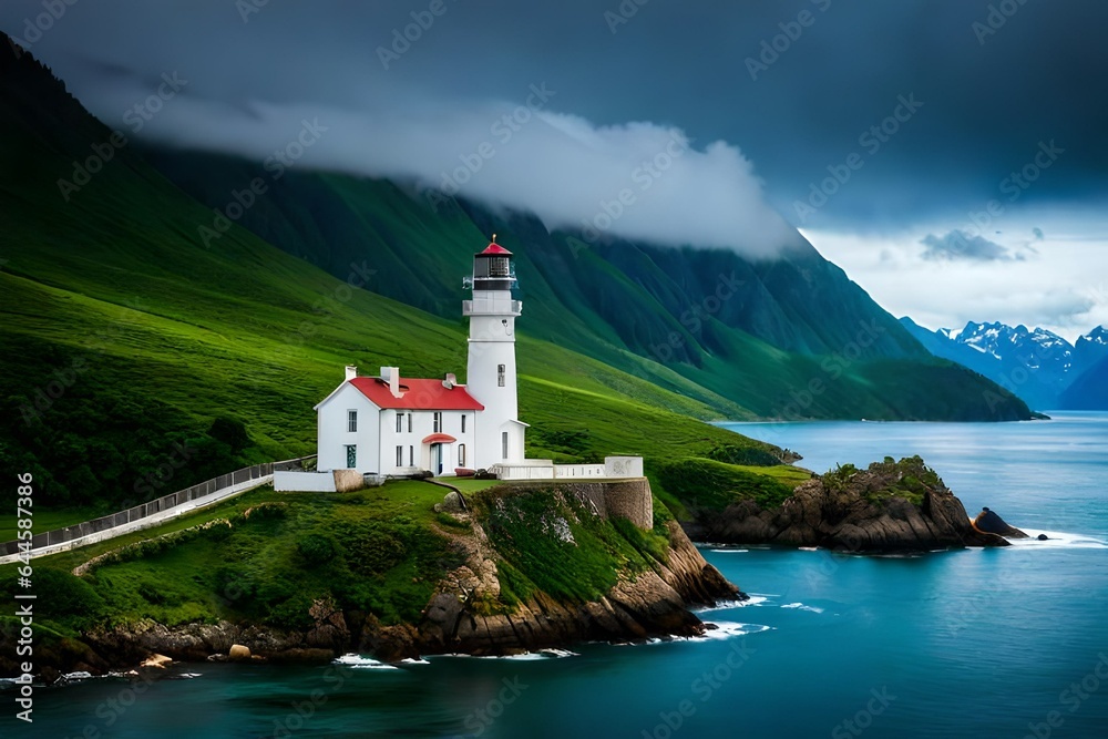 beautiful island on the coast with a lighthouse generated Ai