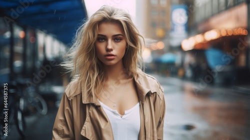 A Beautiful Blonde Model Poses Outdoors In An Urban Environment