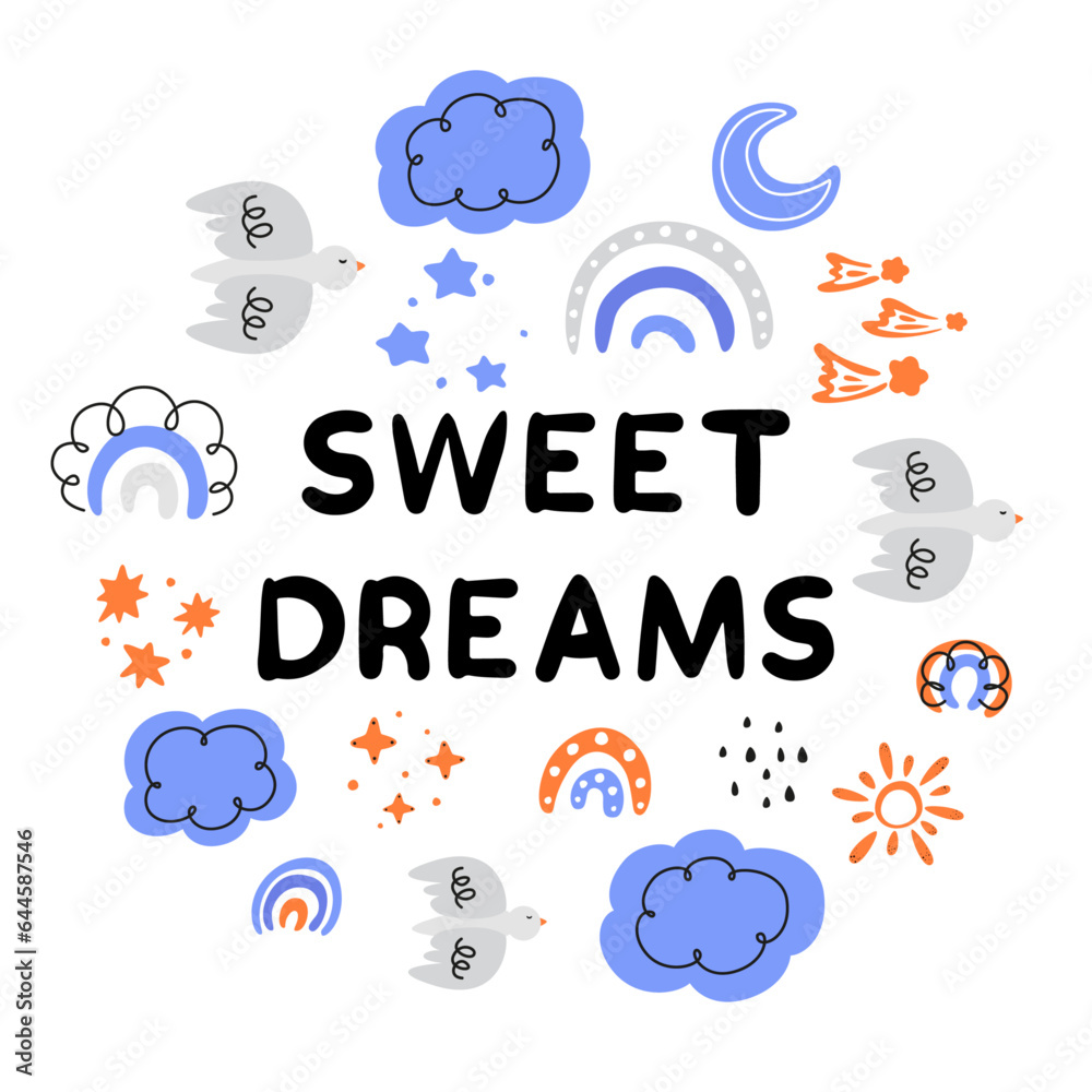 sweet dreams, children's pattern with rainbows, starry sky, weather icon set, abstract pattern with doodle elements, hand drawn doodles set, clouds, rainbow, bird, sun, moon, rain, stars, children's s sweet dreams, children's pattern with rainbows, starry sky, weather icon set, abstract pattern with doodle elements, hand drawn doodles set, clouds, rainbow, bird, sun, moon, rain, stars, children's s
