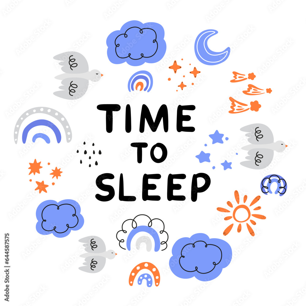 time to sleep, children's pattern with rainbows, starry sky, weather icon set, abstract pattern with doodle elements, hand drawn doodle set, clouds, rainbow, bird, sun, moon, rain, stars