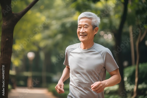Korean senior man going for a run and living a healthy lifestyle for longevity. Jogging culture for the healthy longevity of the elderly in asia. generative AI