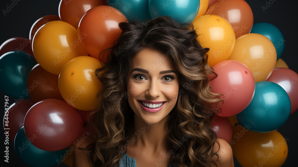 portrait of attractive cheerful girl holding hands balloon looking at camera isolated over dark grey brick wall background.