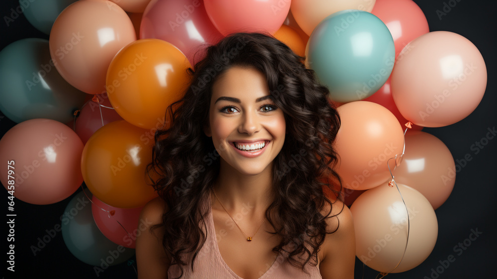 portrait of attractive cheerful girl holding hands balloon looking at camera isolated over dark grey brick wall background.