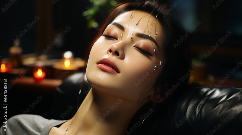 Fototapeta premium beautiful young woman with closed eyes in evening dress
