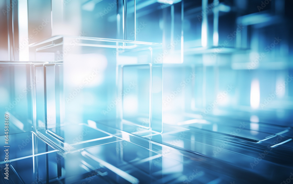 A background of transparent glass panels with a blurry background with lighting A background of transparent glass panels with a blurry background with lighting
