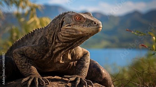 A breathtaking shot of a Komodo Dragon his natural habitat, showcasing his majestic beauty and strength. © pvl0707