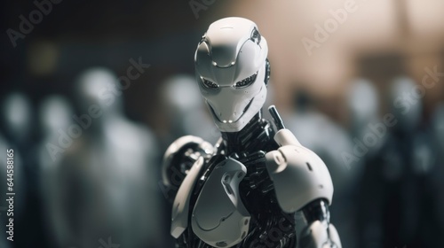 close up of a metal robot portrait, head shot from angle, isolated background blur, artificial intelligent wallpaper, titan humanoid android robotics