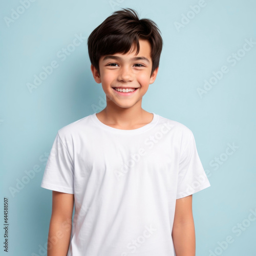Smiling caucasian teenage boy wearing a white T Shirt mockup on blue background. AI Generative