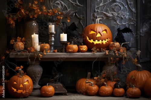 Carved pumpkins, burning candles for Halloween. Autumn home holiday decor, thanksgiving day © Fotoksa