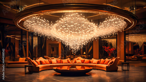 Grand chandelier cascading over a central lounge area