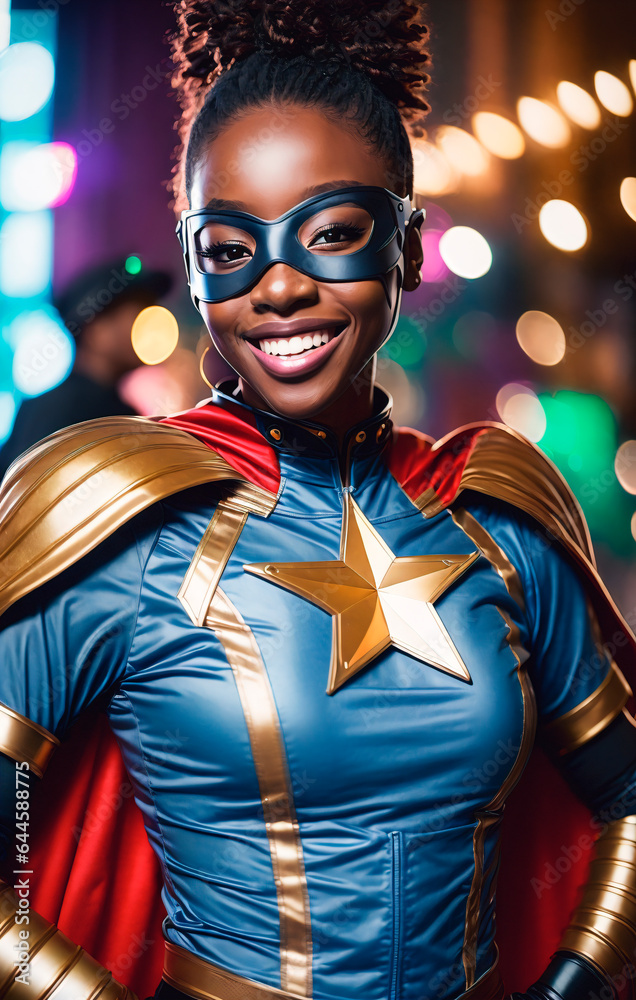 Obraz premium Portrait of a handsome young african american woman in superhero costume and wearing a mask