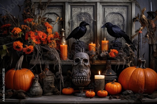 Pumpkins, flowers and candles for Halloween. Autumn home holiday decor, thanksgiving day