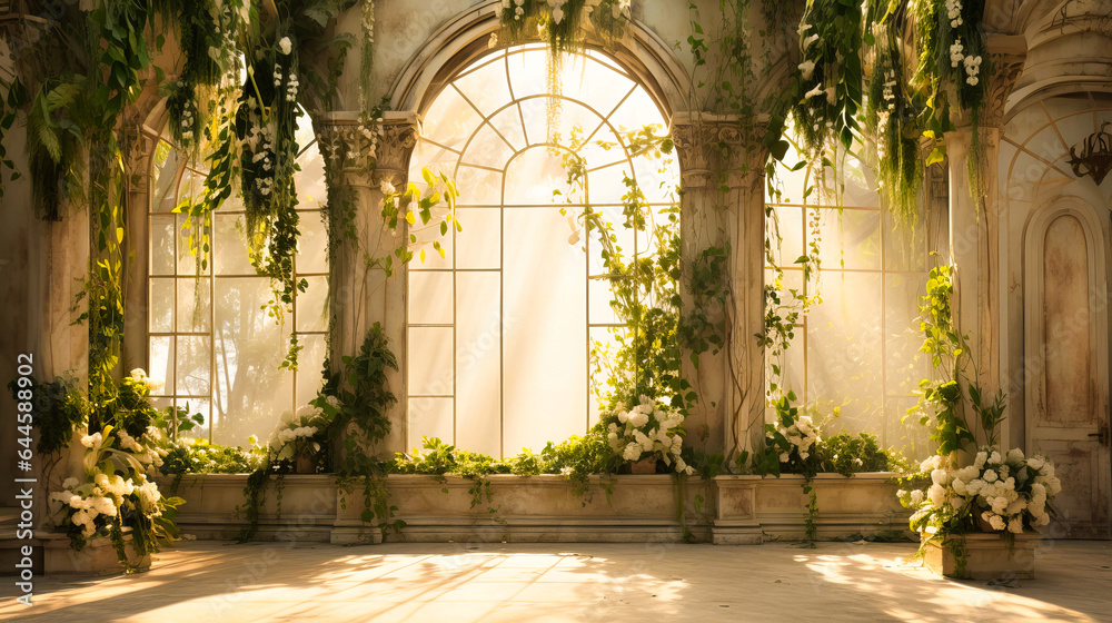 White-washed walls adorned with hanging greenery,