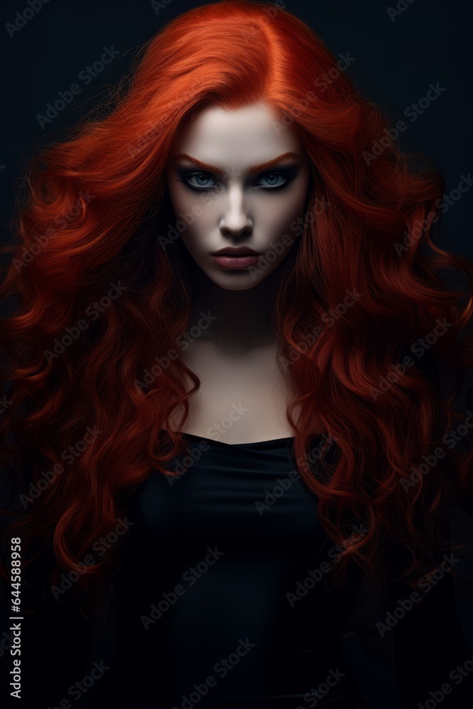 Halloween woman in black with long red hair and makeup