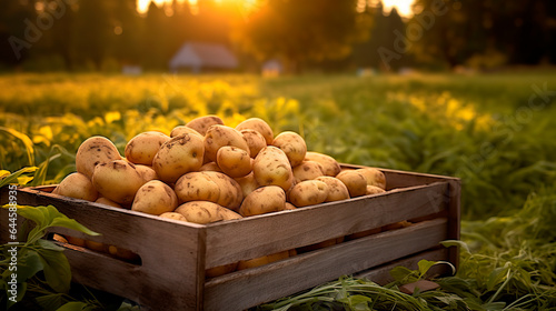 A wooden box with potatoes in a field. 
