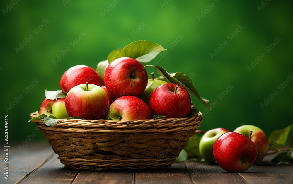 A basket of apples on a table with a green background A basket of apples on a table with a green background