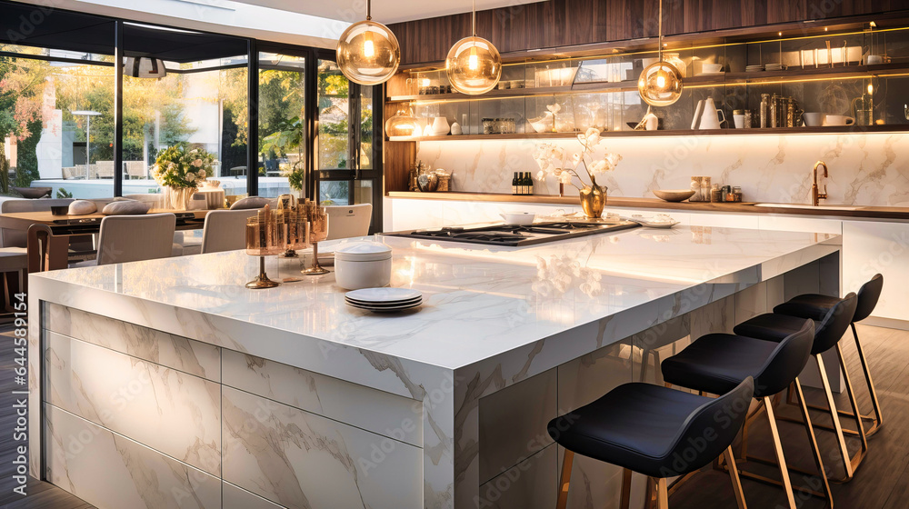 Modern kitchen with marble countertops and pendant lights