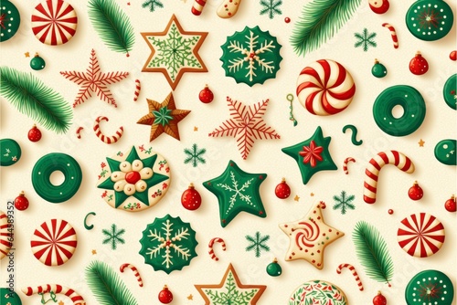 seamless pattern for Christmas, vintage cartoonist illustrations, mistletoe snowflake bell ornaments leaves candies