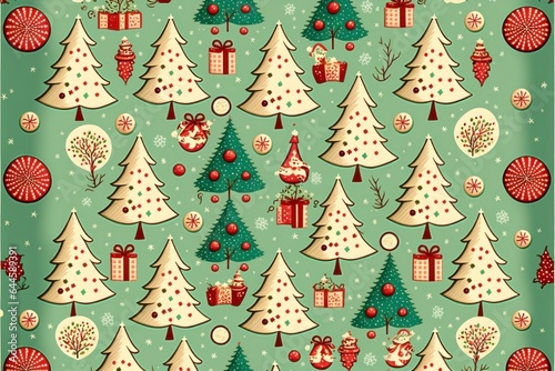 seamless pattern for Christmas, vintage cartoonist illustrations, mistletoe snowflake bell ornaments leaves candies © Anna Elizabeth