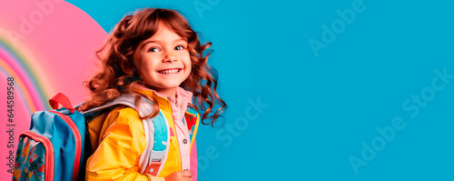 Happy little girl with backpack on blue background