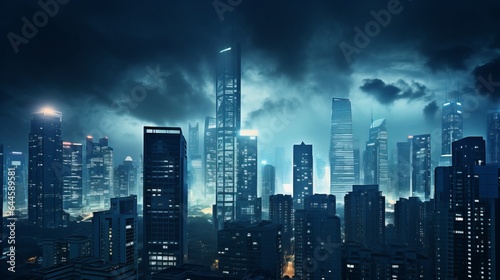 Modern skyscrapers illuminate night city vanishing into dark