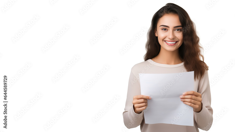 Portrait of a satisfied young woman holding documents and looking at camera isolated over white background with copyspace Portrait of a satisfied young woman holding documents and looking at camera isolated over white background with copyspace