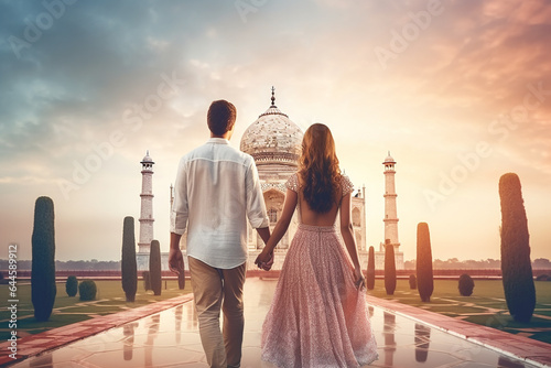 Travel, vacation, romance concept. Young couple traveling and walking in India. Taj Mahal mausoleum in background. Man and woman view from behind. Summer vibe background. Generative AI