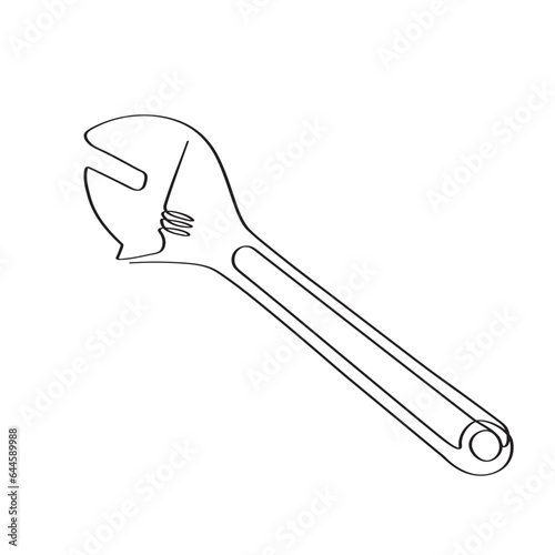 Continuous one-line art of adjustable wrench, spanner, tools, tool on hand, and assistance maintenance of linear graphic artwork.