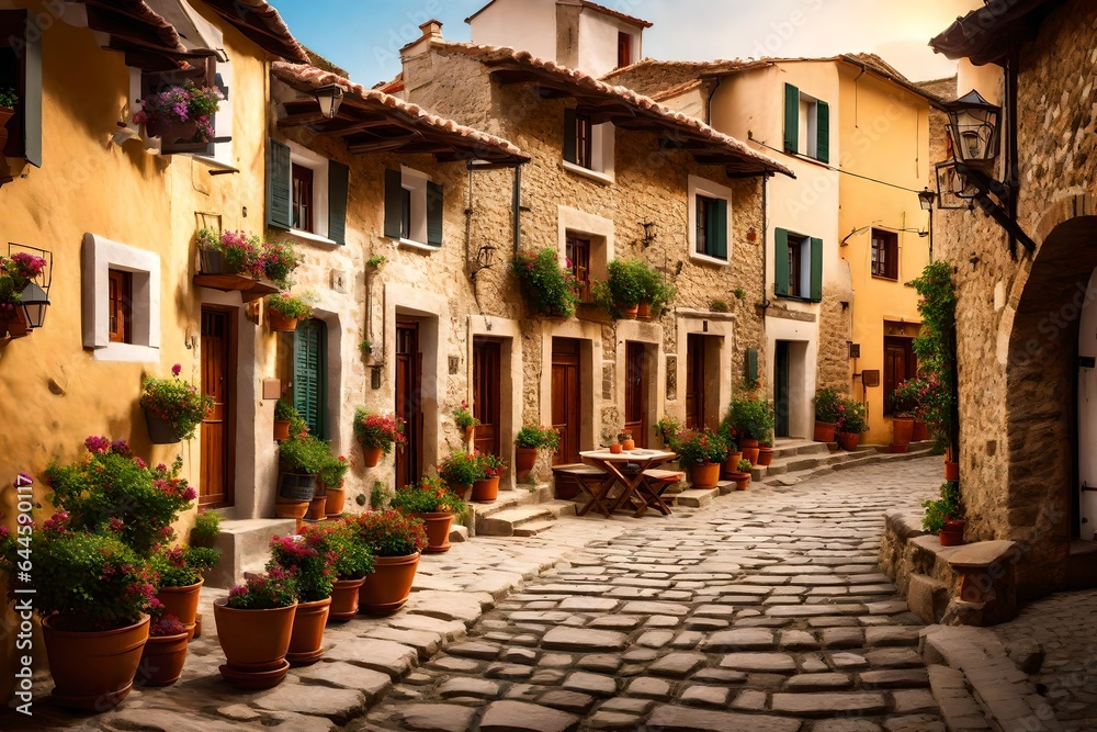 A picturesque traditional village square, with cobblestone pathways leading to charming homes and cozy cafes 