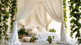 White canopy beds draped beside large potted pothos plants