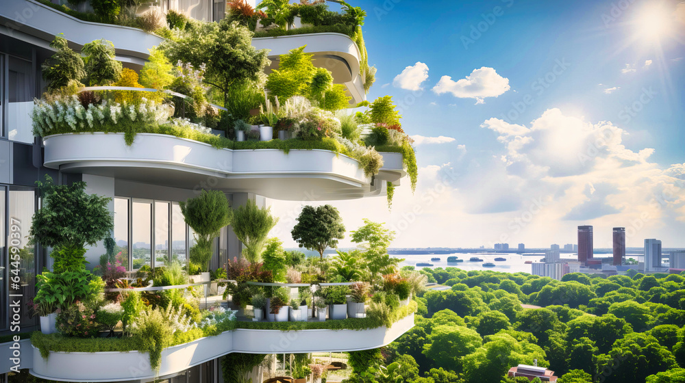 Crisp white balconies adorned with plant-filled window boxes
