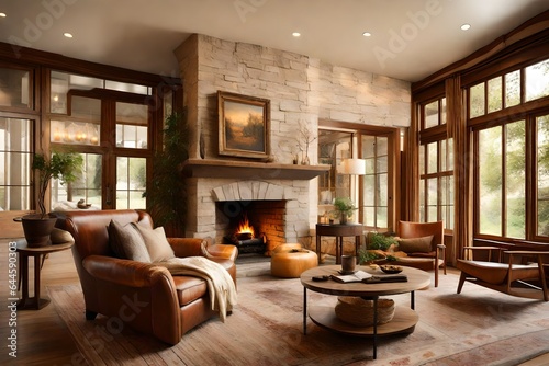 A cozy traditional fireplace, its flickering flames casting a warm and inviting glow across the living room  © Fahad