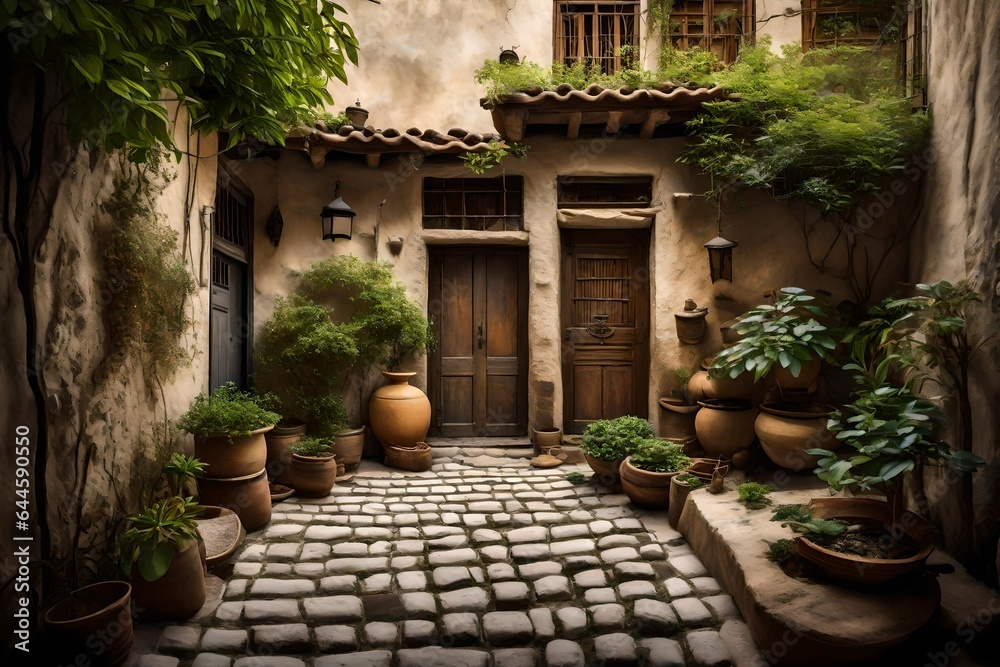 A serene view of a traditional home's courtyard, with a cobblestone path leading to an antique wooden door 