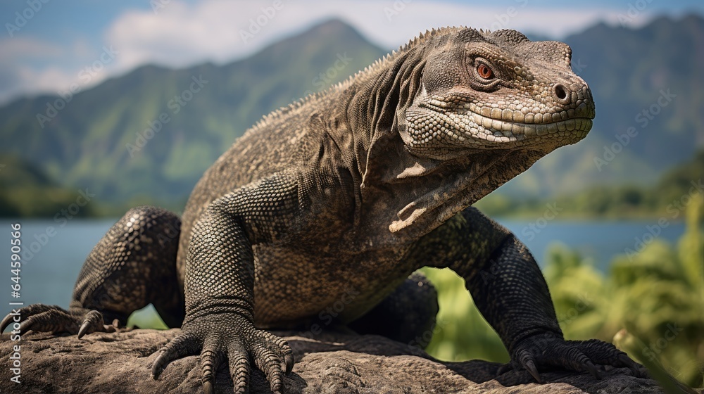 Fototapeta premium A breathtaking shot of a Komodo Dragon his natural habitat, showcasing his majestic beauty and strength.