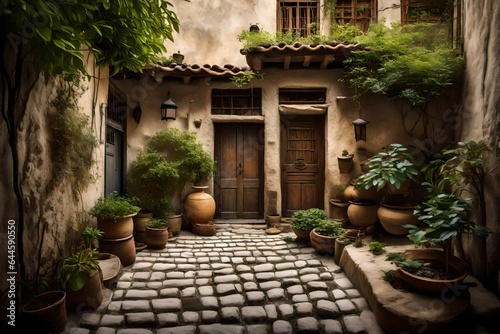 A serene view of a traditional home's courtyard, with a cobblestone path leading to an antique wooden door 