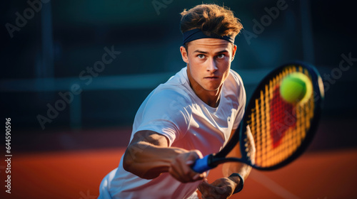 Tennis player practicing tennis. Generative AI © piai