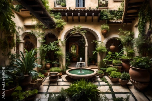 A glimpse of a traditional home s interior courtyard  featuring a central fountain and lush vegetation 