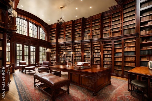The inviting ambiance of a traditional library, lined with rich mahogany bookshelves and soft reading nooks  © Fahad