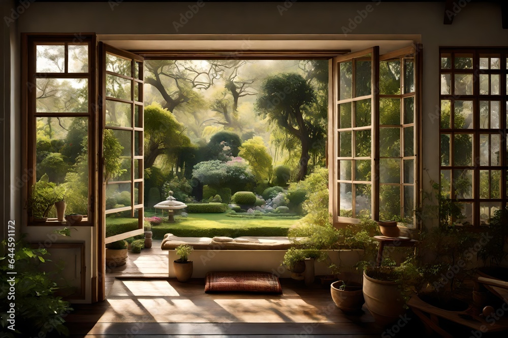 A serene garden view from the windows of a traditional home, capturing a sense of peaceful seclusion A serene garden view from the windows of a traditional home, capturing a sense of peaceful seclusion