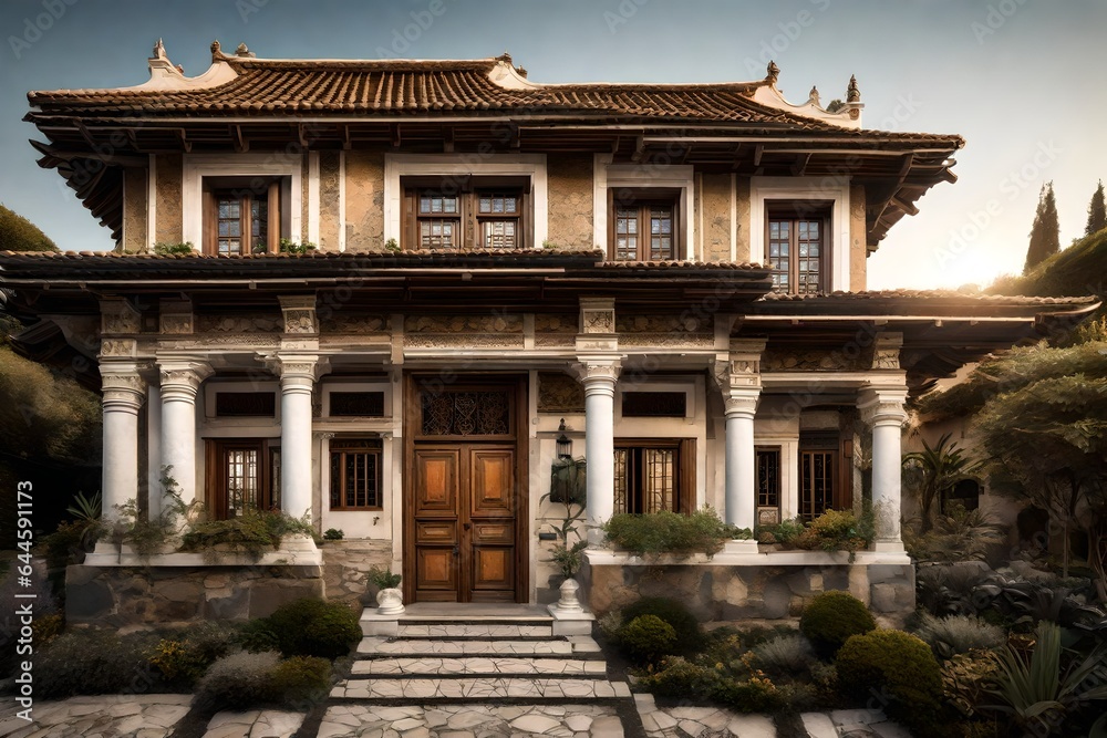 The intricate details of a traditional house's façade, capturing the essence of classic architecture The intricate details of a traditional house's façade, capturing the essence of classic architecture