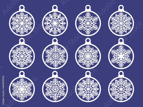Set of laser cut Christmas balls with snowflake cutout of paper Sample Template for Christmas card, invitation for Christmas party For laser or plotter cutting printing serigraphy