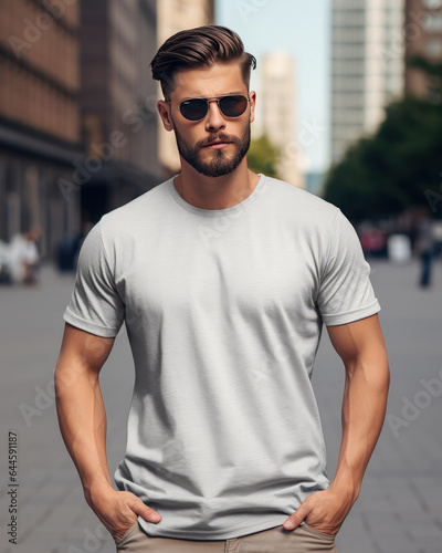 Young man wearing blank gray t-shirt and sunglass. Model t-shirt mockup. Blur background.