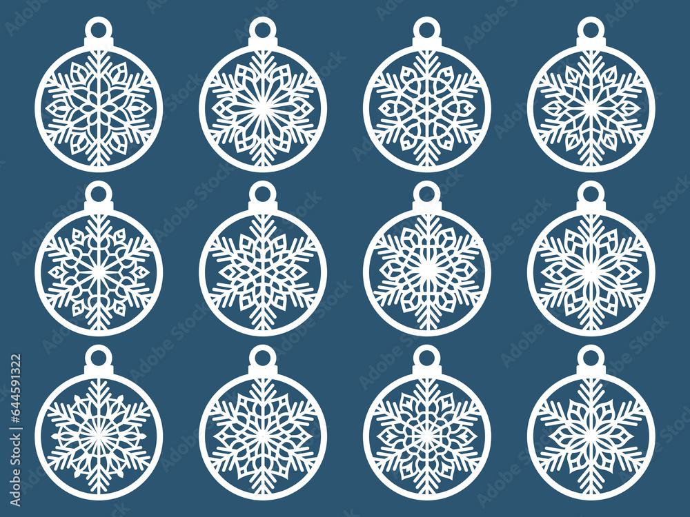 Set of laser cut Christmas balls with snowflake cutout of paper Sample Template for Christmas card, invitation for Christmas party For laser or plotter cutting printing serigraphy	